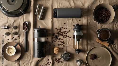 Rustic Coffee Still Life - Flat Lay of Coffee Beans and Brewing Accessories on Textured Tablecloth