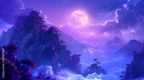 Moonlit traditional pagoda on a cliff during a serene night illustration.