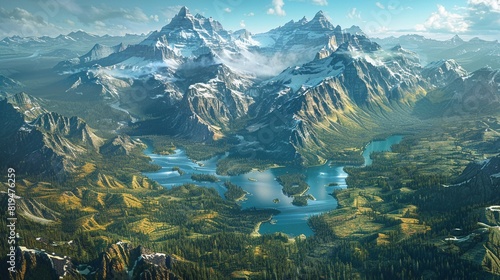 Birdseye of the Canadian Rockies, jagged peaks, forested valleys , DALL-E 2