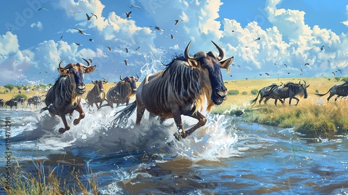 Eyecatching Wildebeests are crossing Mara river. Great Migration,Tanzania, Maasai Mara National Park