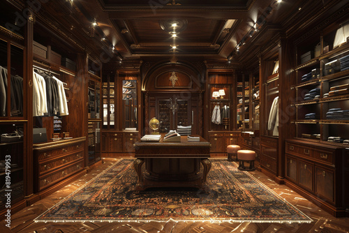 Exclusive boutique with bespoke tailoring, rich mahogany accents.