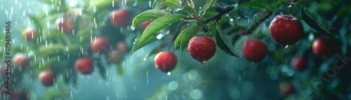 Morning dew glistens on ripe fruit hanging from a lush tree with a soft focus background