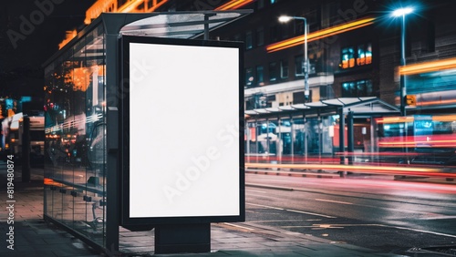 Blank white digital board at a bus stop with a blurred city night lights background.