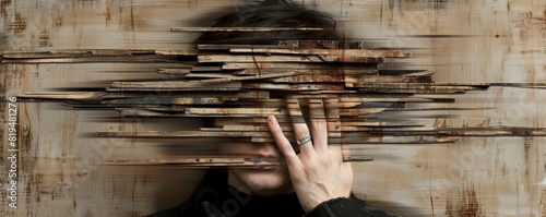 Surreal abstract depiction of a person with fragmented face, blending with wooden texture background. Emotion and identity exploration.