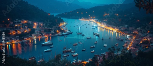 Romantic ambiance fills the night view of Kas town harbor in Turkey with illuminated boats on a calm sea