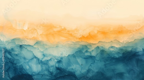 The image is a watercolor painting of a mountain landscape. The mountains are blue and the sky is yellow. The painting has a soft, dreamy feel to it.