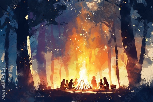 A group of people are sitting around a campfire in a forest, watercolor illustrations , summer activitie, Camping in the woods.