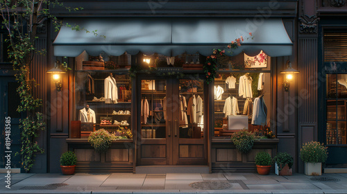 Quaint storefront, boutique exterior adorned with elegant window displays.