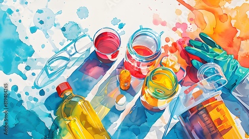 Detailed Watercolor of Vibrant Spill Response Kit with Absorbents and Protective Gear