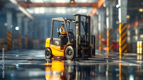 Imposing Forklift with Operator in Reflective Vest Navigating Warehouse Logistics