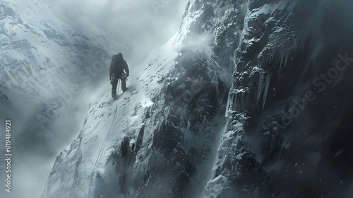 Courageous Explorer Navigates Treacherous Mountain Ledge Amidst Icy Winds and Rugged Terrain