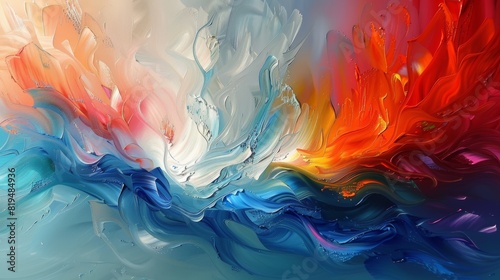 The image is an abstract painting. It has a bright orange center with blue and white swirls. The painting is very fluid and looks like it is in motion.