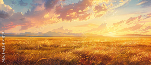 Under the light of sunset, a vast, open prairie with tall grasses swaying in the wind and distant mountains visible on the horizon.