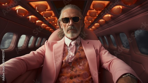 Stylish Senior Man in Pink Suit Traveling on a Luxury Private Jet