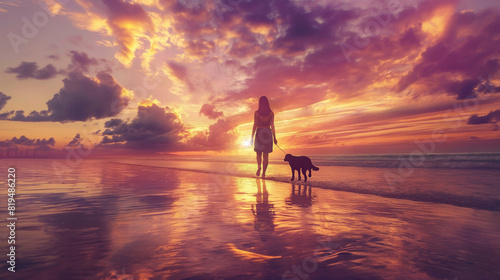 Girl walking her puppy on a beach at sunset, Silhouettes against the colorful sky