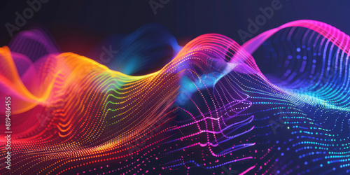 A colorful spectrum of digital waves flows over geometric shapes, representing the dynamic nature and evolution of data technology in marketing.
