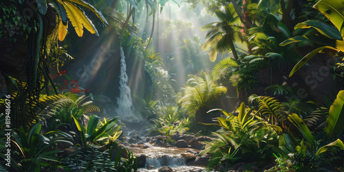 A small stream runs through a beautiful rainforest filled with tropical plants and trees, with sunlight filtering through the canopy.