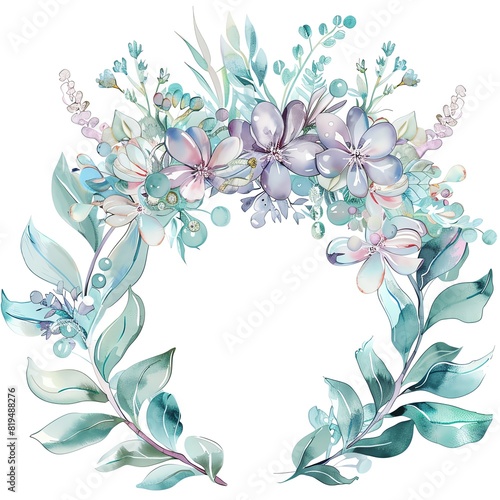 A beautiful watercolor painting of a wreath of flowers and leaves in shades of blue and purple. The flowers are mostly purple with some blue and white.