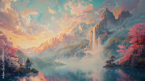 Walls painted with a mural of an epic fantasy landscape.