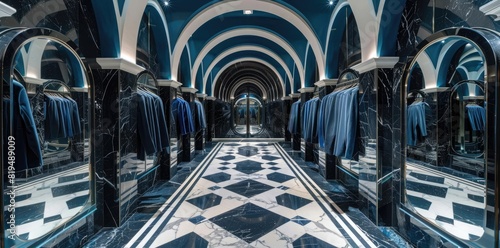 A large dressing room with black and white marble floor tiles in an arched shape, blue velvet on hangers hanging from tall arched walls, mirrors reflecting the scene,