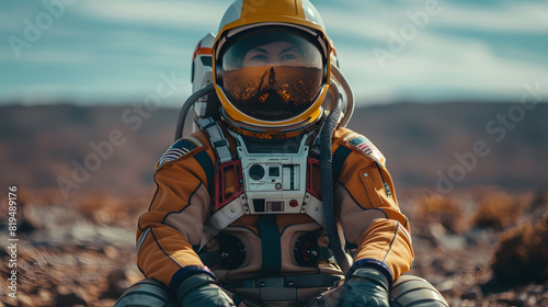 An astronaut in a detailed space suit sits on a rocky terrain, reflecting the vast landscape in the helmet's visor