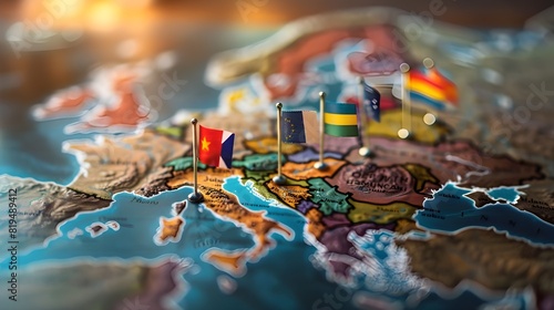 european countries 3d illustration - european continent marked with flags, European Union flags