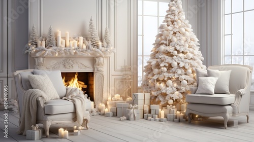 Beautiful holiday decorated room with Christmas tree, fireplace and armchair with blanket. Cozy winter scene. White interior with lights generate ai
