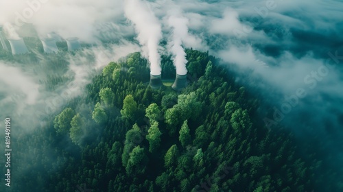 The future of energy: a power plant surrounded by trees, representing sustainable energy practices. This eco power concept emphasizes environmental friendliness and reducing carbon footprints.