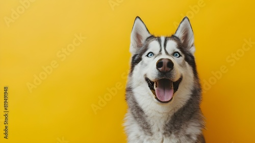 Funny dog laughing, yellow studio background. concept of canine emotions. Bi-eyed husky dog wait food, dog treats 