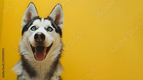 Funny dog laughing, yellow studio background. concept of canine emotions. Bi-eyed husky dog wait food, dog treats 