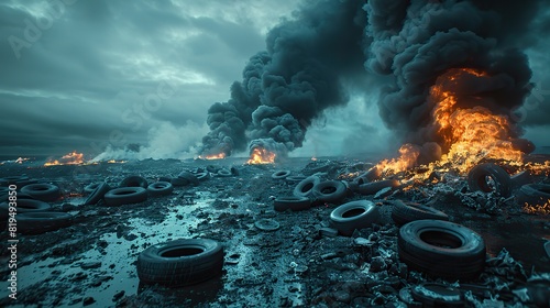 A photo of a pile of burning tires releasing thick black smoke into the air, illustrating the problem of air pollution caused by improper waste incineration..illustration graphic
