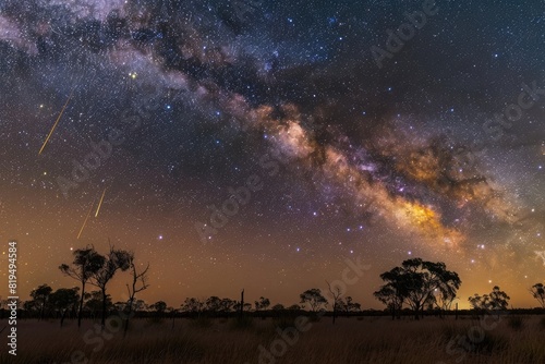 A night sky with the Milky Way and shooting stars over an Australian outback landscape. A distant sun setting in the background.