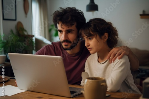 Worried boyfriend and girlfriend doing home finances together online on a laptop computer in the kitchen