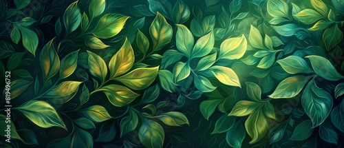 Abstract green foliage with swirling leaves in a dark, moody atmosphere. Beautiful nature-themed illustration perfect for backgrounds.