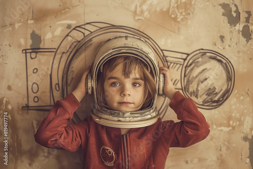 A little boy imagines drawing a picture of an astronaut