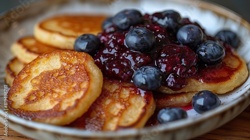 A plate of cornmeal pancakes with blueberry compote..stock image