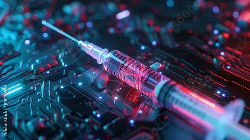 Syringe with a chip. The concept of the theory of conspiracy and implantation of vaccinated chips.