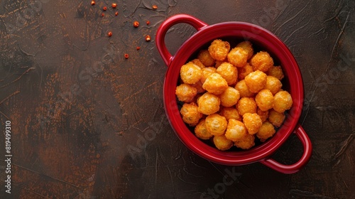 Crunchy, salty corn puffs snacks, also known in Romanian as pufuleti, in a red strainer