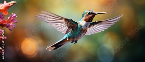 Close-up of a colorful hummingbird in flight with blurred nature background, capturing the beauty and grace of this tiny bird.