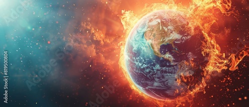 Dramatic depiction of Earth engulfed in flames, symbolizing climate change, environmental crisis, or global warming impact on our planet.