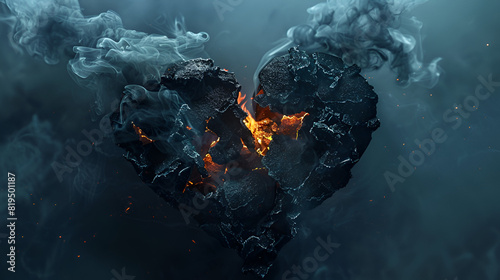 the broken black heart of cooling coals with smoke on a black background, generative Ai