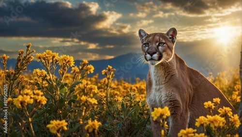puma and yellow flowers
