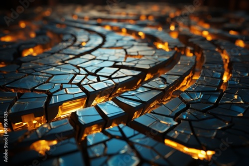 Close-up of an abstract mosaic composed of cracked glass pieces with warm light emanating from beneath, creating a striking visual effect.