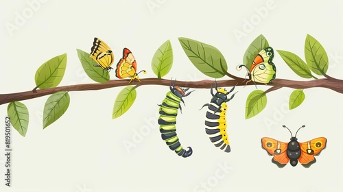 Butterfly life cycle caterpillar, larva, pupa, imago eclosion Stages of metamorphosis, growth and transformation process of winged insect on tree branch Flat cartoon colorful vector illustration,