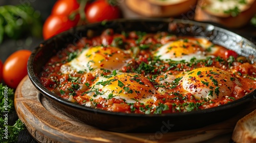 A plate of shakshuka with poached eggs in a spicy tomato sauce..illustration graphic