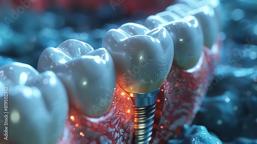 Closeup of dental implant in a detailed, artificial jaw setup, showcasing modern dental technology and oral health advancements.