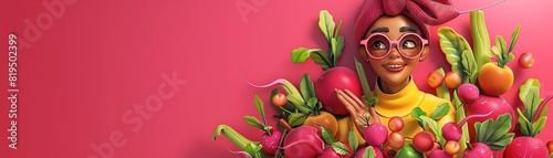 Colorful illustration of a joyful person surrounded by vibrant fruits and vegetables in a dynamic, artistic style on a pink background.