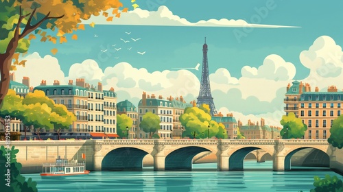 Illustration of Sunny morning view of eiffel tower and seine river in paris, france.