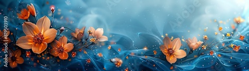 Vibrant orange flowers floating in ethereal blue mist with sparkling details, creating a magical and serene atmosphere.