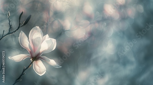 A tranquil scene with a single magnolia bloom bathed in soft light.